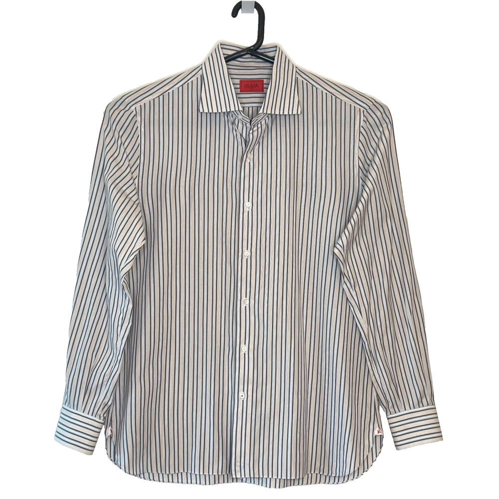 Isaia Napoli Long Sleeve Dress Shirt Mens 17 / 43 Striped Cotton Button Front - Picture 8 of 16